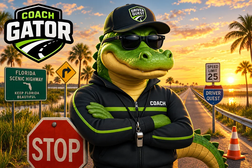 Coach Gator, Driver Quest's coach, arms crossed beside a STOP sign on a Florida road at sunset